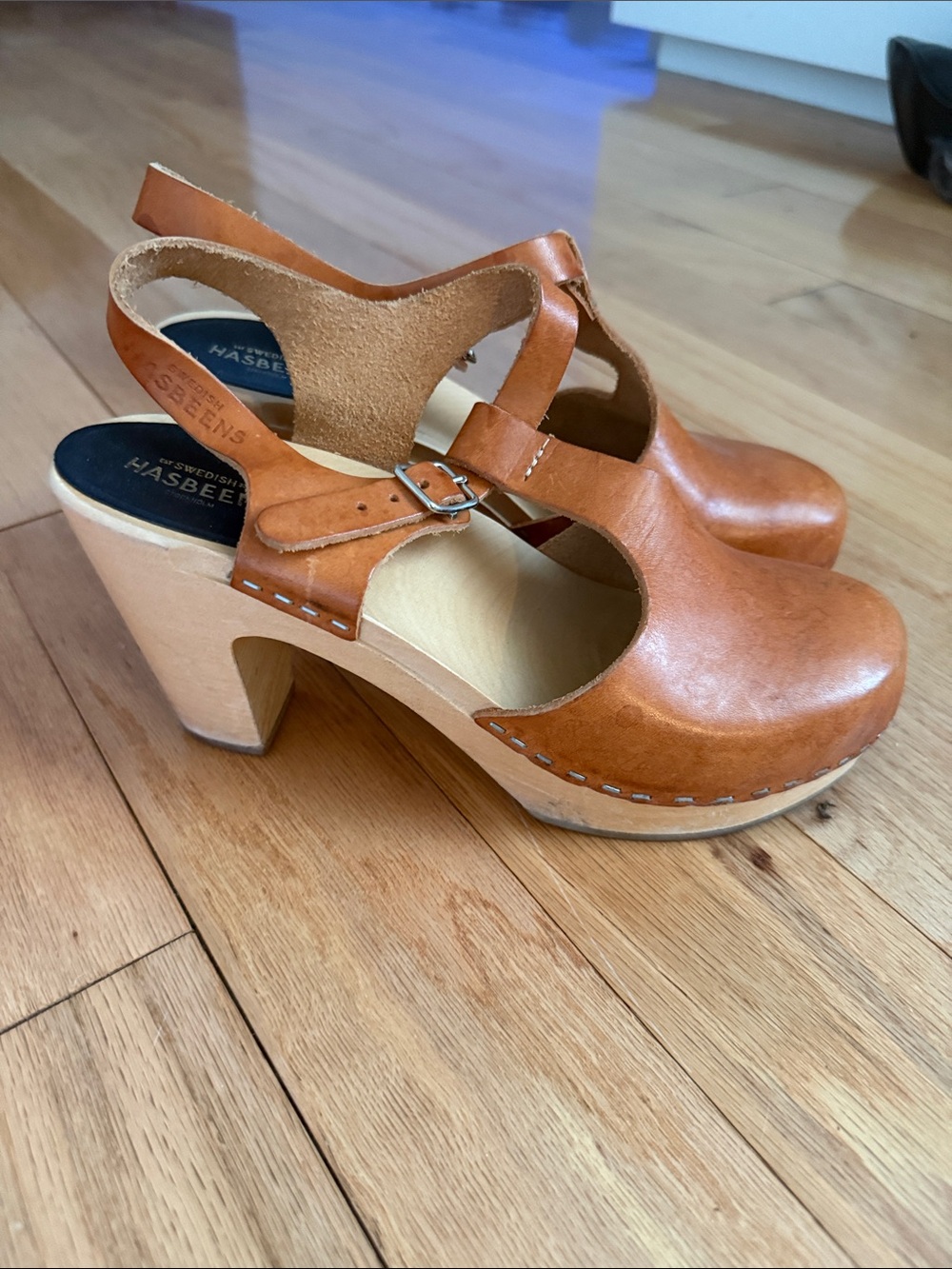 Swedish Hasbeens Cognac Leather Mary Jane Clog Heels